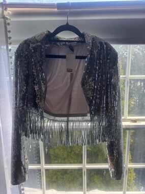 H&M Silver Sequin Fringe Cropped Jacket - BNWT